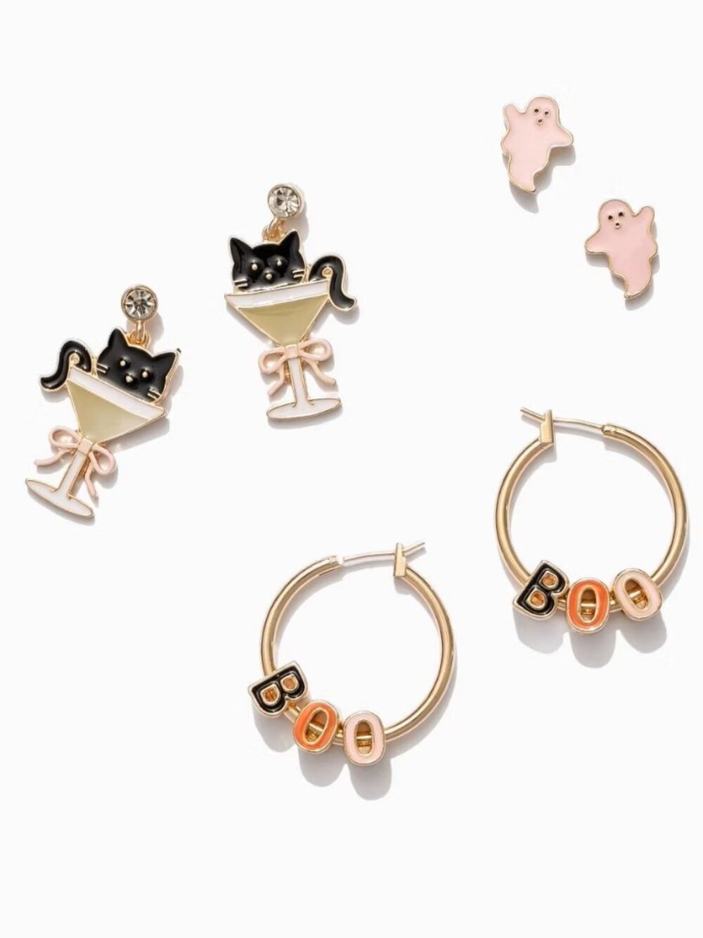 Halloween Cat & Boo Hoop Earring Set - Pink, Black & Gold